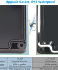 Comparison of IP67 waterproof plastic project box enclosure with built-in gasket and older version with white gasket, side by side.