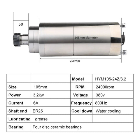 Diagram of 380V ER25 CNC Water Cooled Spindle With 3.2kW Constant Power Motor showing dimensions and specifications.