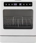 Top Notch No Sweat Countertop Mini Dishwasher With 800 Watt Motor And Six Point Eight Liter Tank Featuring 360 Degree Splash Spray Four Wash Cycles And Seventy Two Hour Fresh Keep Storage For Quick Daily Cleanup, white finish, digital display.