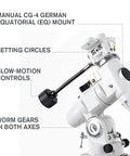 Omni XLT 102 Refractor Telescope With StarBright XLT Coatings Manual German Equatorial Mount showcasing slow motion controls and setting circles.
