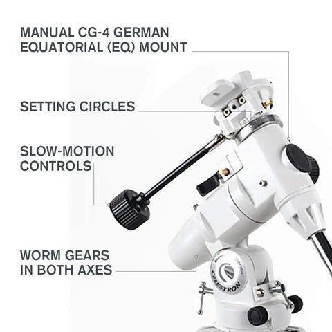Omni XLT 102 Refractor Telescope With StarBright XLT Coatings Manual German Equatorial Mount showcasing slow motion controls and setting circles.