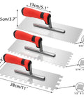 5 Piece Square Notched Trowel Set with Pro Grade Stainless Steel Trowels featuring notched blades and soft grip handles for tiling.