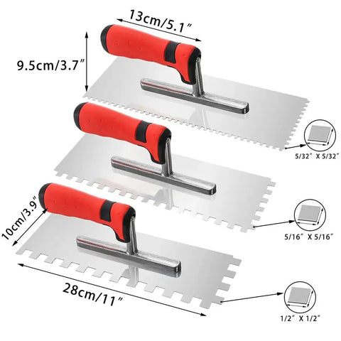 5 Piece Square Notched Trowel Set with Pro Grade Stainless Steel Trowels featuring notched blades and soft grip handles for tiling.