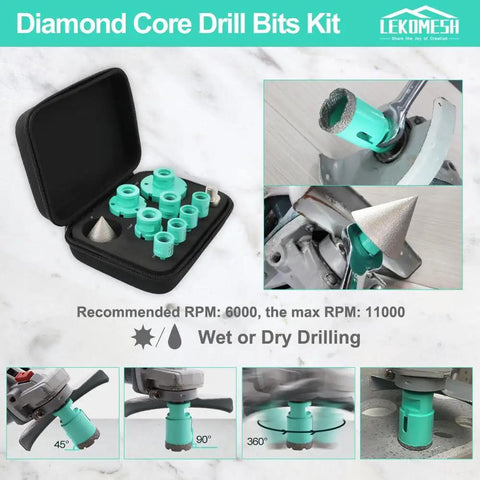 Tile Hole Saw Kit With 10-Piece Core Drill Bits Set From 6mm To 65mm For Porcelain Ceramic Granite Marble Dry Wet Drilling