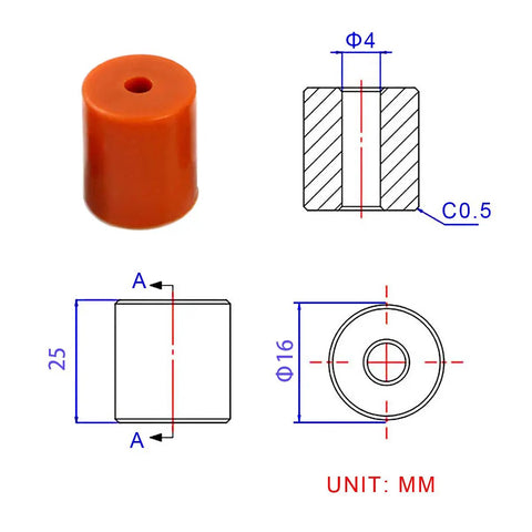 Upgrade Your Rig With Built Tough Silicone Bed Mounts And Heavy Duty Leveling Springs That Deliver Flawless Prints Every Single Time For Ender 3 Max Cr10 Sv01 Sv02 Fdm Printer Accessories - orange silicone bed mount with measurements.