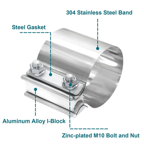 LWNWPPER 2.5-inch exhaust clamp set; 304 stainless steel band with zinc-plated M10 bolts (2 pcs)