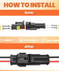 Waterproof Automotive Wire Connector Kit 1-pin male female installation before and after view with crimping detail