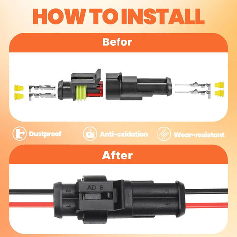 Waterproof Automotive Wire Connector Kit 1-pin male female installation before and after view with crimping detail