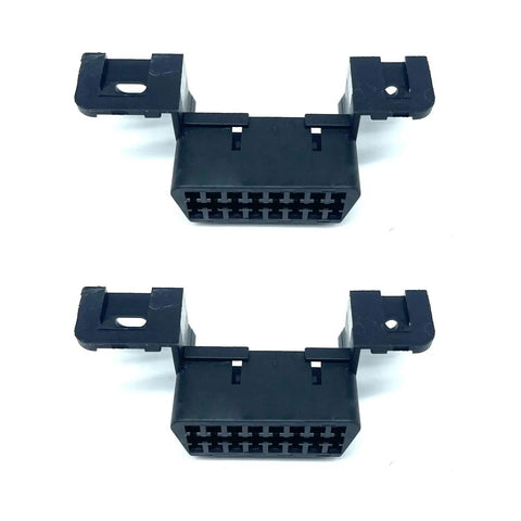 OBD II 16 Pin Female Connector Socket Kit For J1962 OBD2 Car Adapter Replacement Wire Plug Shell Includes 2 Retention Clips And 16 Terminals Pro Grade Rust Resistant Lightweight Build, showing two sockets with retention clips.