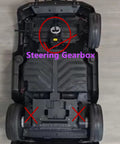 24V 390 Steering Gearbox And 24V Steering Motor For Kids Electric Ride On Cars Replacement Parts Durable Left Right Steering Kit Easy Install No Drama Safe Smooth Control In Every Ride shown installed in toy car chassis from above with steering highlighted.