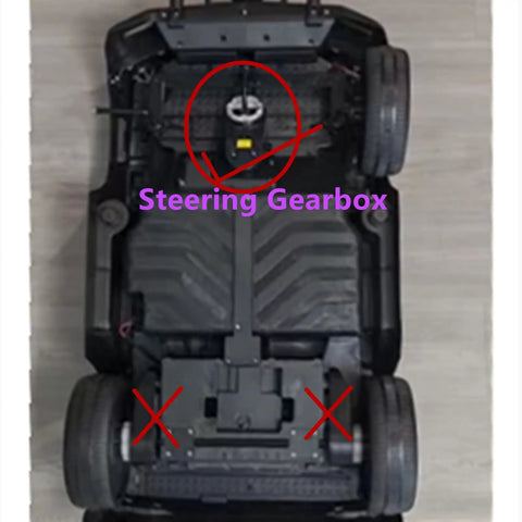 24V 390 Steering Gearbox And 24V Steering Motor For Kids Electric Ride On Cars Replacement Parts Durable Left Right Steering Kit Easy Install No Drama Safe Smooth Control In Every Ride shown installed in toy car chassis from above with steering highlighted.