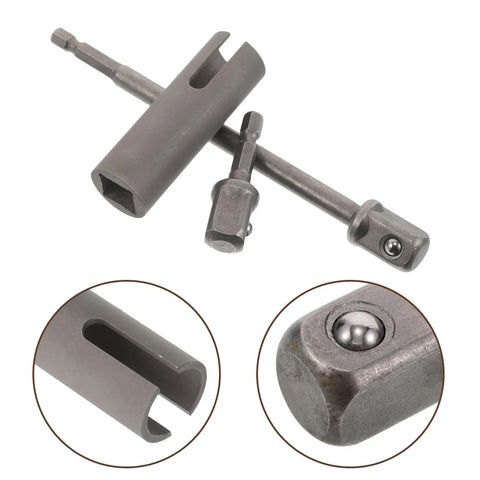 Heavy Duty Stainless Steel Trailer Jack Drill Adapter With T Slot Design For Securing Sockets On Rvs Campers Tow Trucks And Electric Drill Modifications For Rock Solid Gaining Speed And Ease, showing a gray adapter and sockets.