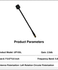 5.8GHz Long Range FPV Antenna Pack with High Gain 2.5 Decibel LHCP SMA Male showing dimensions and polarization details
