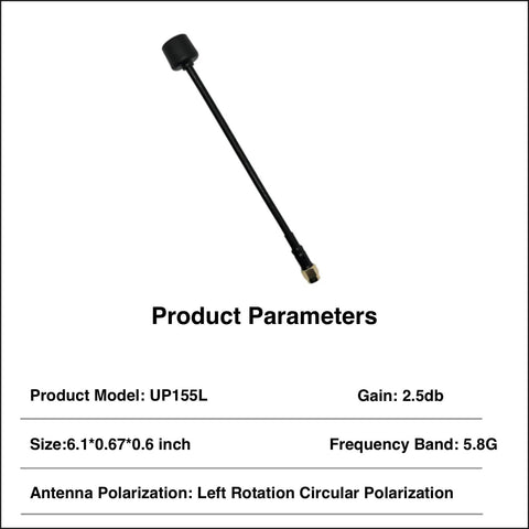 5.8GHz Long Range FPV Antenna Pack with High Gain 2.5 Decibel LHCP SMA Male showing dimensions and polarization details