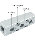 Three Way Pneumatic Manifold Air Distribution Block With G1/2 Inlet And G1/4 Output Ports For Air Compressor Systems side view