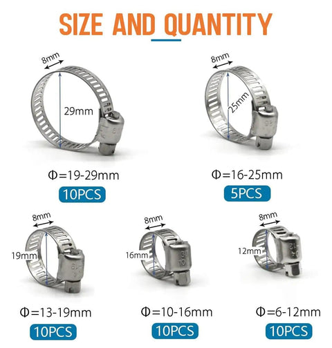 Beefy Stainless Steel Hose Clamp Kit, 45-Piece Assortment With Adjustable Worm Gear Clamps For Fuel Lines And Pipes, size chart view.