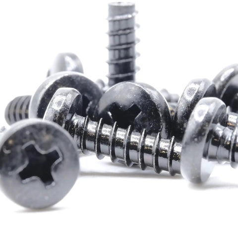 Contractor Grade ST4 X 12 Mm Pan Head Phillips Self Tapping Screws With Blunt Tip Black Oxide Steel Fasteners 5 Pack, close-up view.