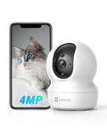 2K Plus Indoor Security Camera With 360 Degree Coverage, 4MP Night Vision, auto motion tracking next to smartphone display
