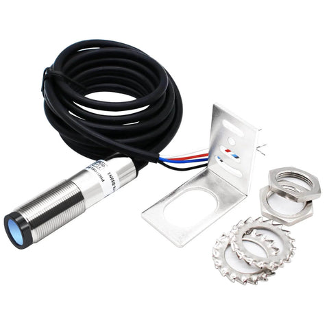 Laser Photoelectric Switch Sensor NPN NO And NC Four Wire Ten To Thirty Volt DC Input Twelve And Twenty Four Volt, with mounting kit.