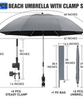 Kick Back In Comfort With This Solid 2 Pack Clip On Chair Umbrella Featuring Heavy Duty Swivel Clamp For Top Shelf Upf Fifty Plus Sun Shield On Beach Patio Or Golf Carts dimensions showing 42 inch canopy and clamp size.