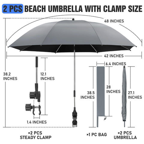 Kick Back In Comfort With This Solid 2 Pack Clip On Chair Umbrella Featuring Heavy Duty Swivel Clamp For Top Shelf Upf Fifty Plus Sun Shield On Beach Patio Or Golf Carts dimensions showing 42 inch canopy and clamp size.