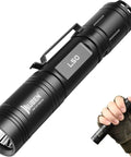Beefy 1200 Lumens Rechargeable Tactical Flashlight With IP68 Waterproof, highlighted in a gloved hand, 200 meter beam capability.