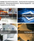 Collage of four application areas: industrial robot, semiconductor equipment, medical equipment, and carving equipment.