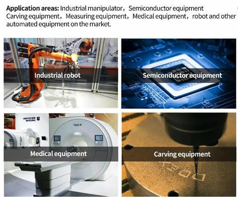 Collage of four application areas: industrial robot, semiconductor equipment, medical equipment, and carving equipment.