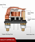Beefy 12V 120A 4 Pin SPST Starter Relay for Cars Trucks RVs and Boats High Current Automotive Power Switch for Split Charging and Reliable On Demand Power showing copper coil and binding posts