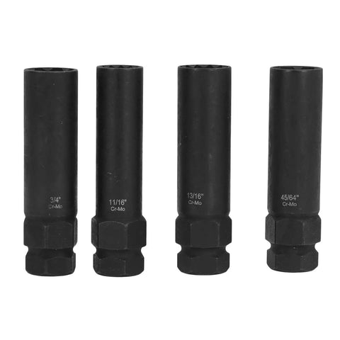 8 Piece Lug Nut Socket Set In Cr Mo Steel Thin Walled Design For Tight Spaces, showing four sockets in various sizes for wheel locks.