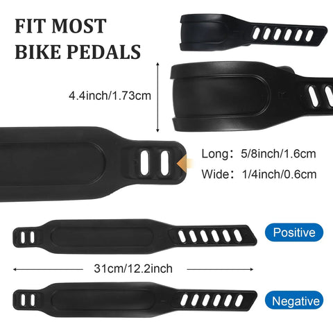 Diagram of 2 Pairs Adjustable Exercise Bike Pedal Straps with size dimensions for stationary bikes, showing universal fit details.