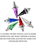 Premium Aluminum Spike License Plate Screws And Anti Theft Bolts Set With Heavy Duty Security Hardware For Car Truck Motorcycle Builds Hella Secure Green Fasteners To Lock Down Your Ride Today with colorful aluminum spikes.