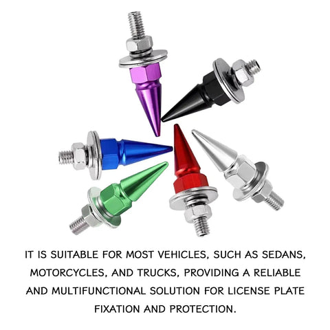 Premium Aluminum Spike License Plate Screws And Anti Theft Bolts Set With Heavy Duty Security Hardware For Car Truck Motorcycle Builds Hella Secure Green Fasteners To Lock Down Your Ride Today with colorful aluminum spikes.