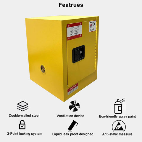 Heavy Duty Flammable Storage Cabinet With Adjustable Shelves Explosion Proof Hazmat Locker, yellow steel, manual door, front view