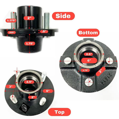 2000 Lb Trailer Spindle With 4x4 Bolt Circle Hub BT8 1 Inch Spindle Ready To Roll dimensions side bottom top views
