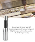 R8-to-MT3 adapter, hardened alloy steel with silver base and black upper, front view with milling spindle in use