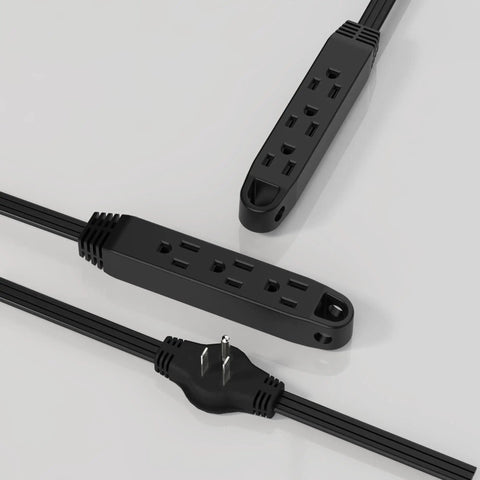 Black slim Three Prong 16 Foot Twin Extension Cord With Six Outlets Slim Design For Space Saving Cable Management Behind Sofas TVs Beds And Desks