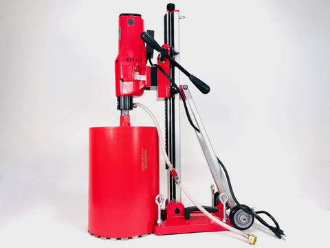 Straight Shooting Heavy Duty Workhorse Diamond Coring Drill With Tilting Rolling Base And Killer 12 Piece Wet Core Bit Set Pro Concrete Cutting Setup 110 Volt Dual Speed 2600 Watt Motor Crushes 12 Inch Cuts