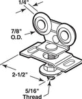 Straight Shooter Pocket Door Top Roller Assembly With Heavy Duty Adjustable Bracket And Seven Eighths Inch Nylon Twin Wheel, measuring 2-1/2 inches with detailed specs.