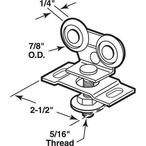 Straight Shooter Pocket Door Top Roller Assembly With Heavy Duty Adjustable Bracket And Seven Eighths Inch Nylon Twin Wheel, measuring 2-1/2 inches with detailed specs.