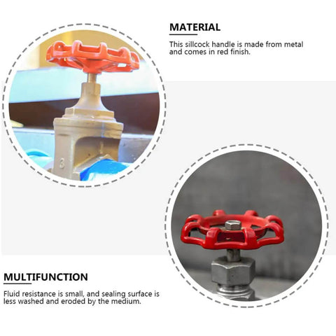 Red Cast Iron Valve Hand Wheels 10 piece red flat bottom shutoff handles for water fittings on metal valve pipes, close-up view.
