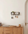 Wall Mounted Key Holder With Five Hooks And Metal Wire Mesh Mail Basket, Entryway Organizer for keys, mail, sturdy steel, installed view