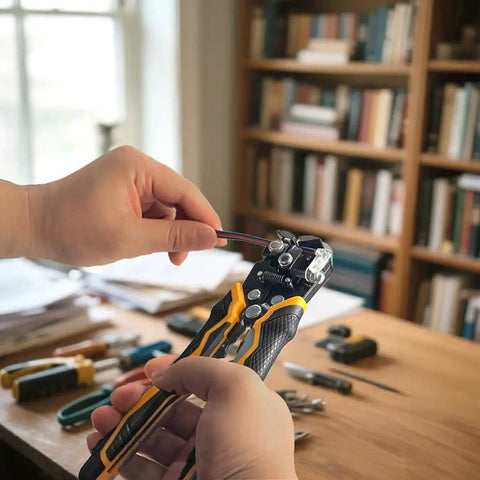 Using 5 In 1 Self Adjusting Wire Stripper Kit With Automatic Wire Stripper For AWG 24 To 10 in a home workshop