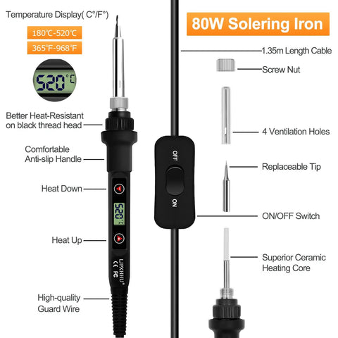 Pro Grade Soldering Iron Kit With 80W Power And LCD Temperature Readout From 180 To 520 Degrees Celsius, A Handy 13 In 1 Electronics Repair Kit With On Off Switch, Solder Wire, Flux, Five Tips, Desoldering Pump, Stand And Tweezers