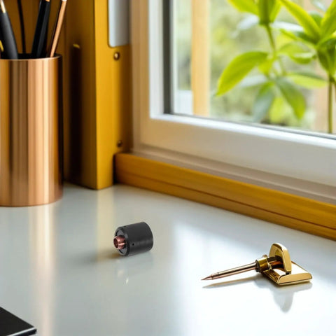 Ultimate Plasma Cutter Start Cartridge Replacement For Thermal Cutting Torch on a desk next to a gold pen.