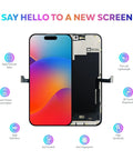 IPhone 15 Pro Max 6.7 Inch Screen Replacement Kit with 3D Touch Digitizer Assembly displayed alongside features icons
