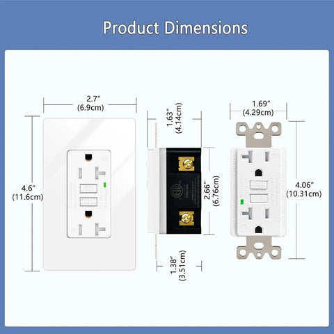 Hella Weather Resistant 20 Amp GFCI Outlet With Bright LED Indicator dimensions with faceplate and receptacle sizes shown clearly.