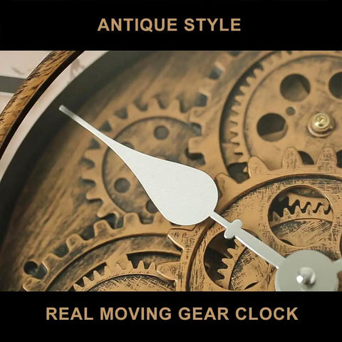 Close-up of 18 Inch Moving Gears Wall Clock with antique bronze finish and real moving gears for a vintage vibe.