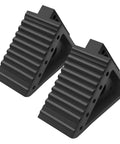 Top view of Heavy Duty Rubber Wheel Chocks For Cars, SUVs, Trucks And ATVs, Solid Tire Stop Block With Wide Handle, Oil Resistant Traction Surface, Slip Resistant Grip, Durable Two Piece Set.