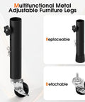 Close-up of adjustable heavy duty metal furniture legs with smooth roll caster wheels, showcasing replaceable and detachable features.